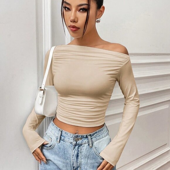 Apricot Casual Women's Asymmetrical Collar Pleated Long Sleeve T-Shirt - Picture 4 of 5